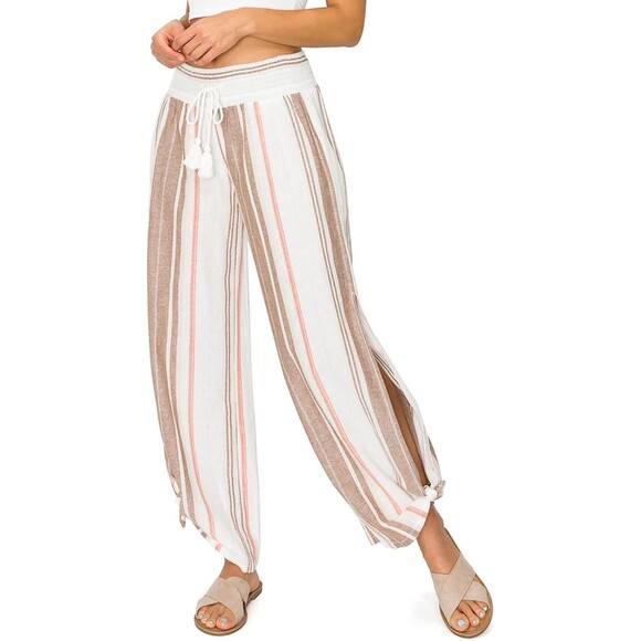 Cali 1850 Linen Cotton Pants Brown Cream Striped Slit Legs‎ Size S Beachy Boho - Picture 5 of 16